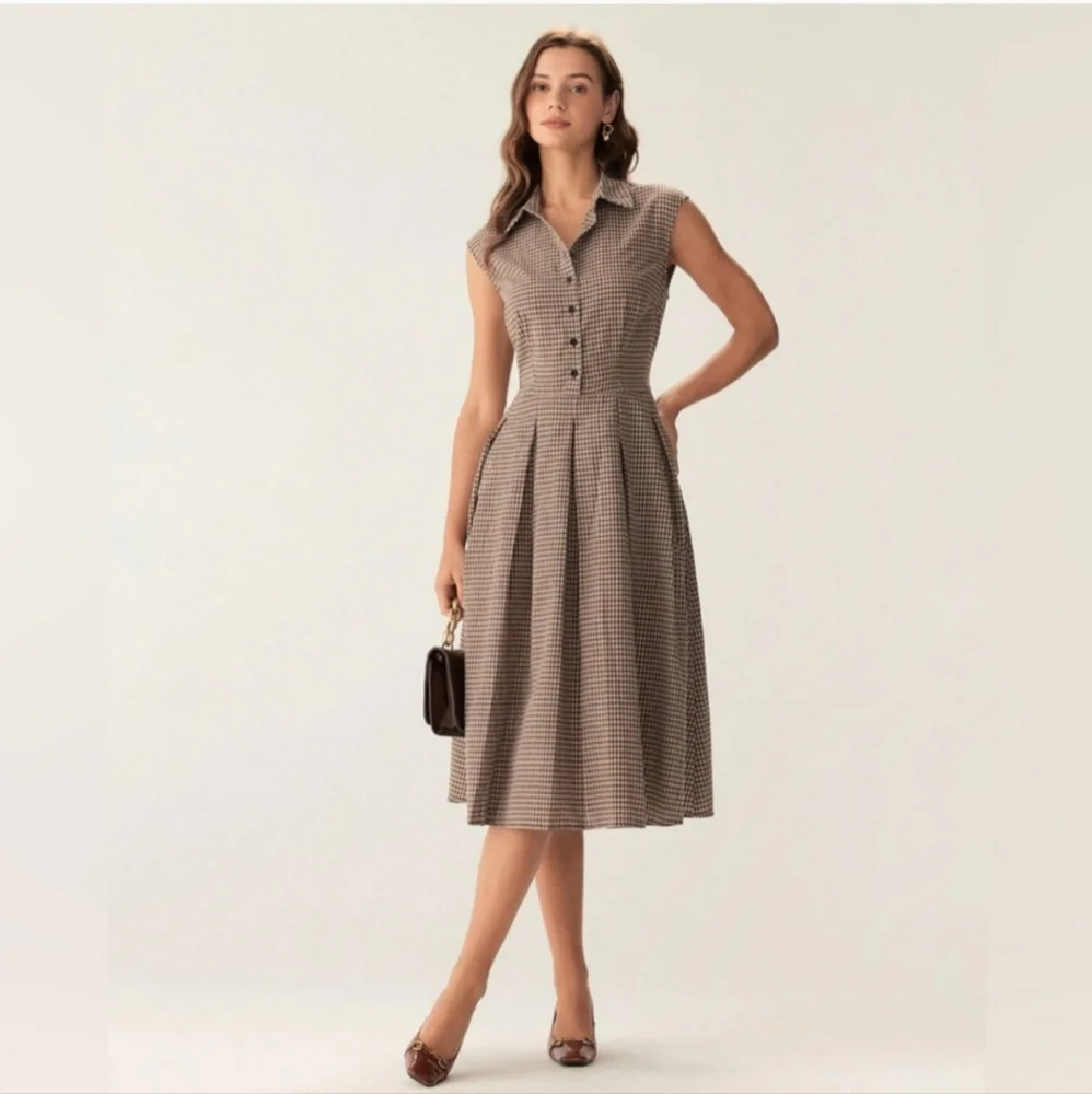 NWT Rihoas Brown Plaid Button Pleated Midi Dress - Picture 7 of 17